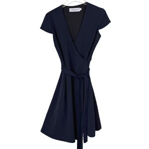 CAMILYN‎ BETH Navy Blue Wrap Dress Short Sleeve Lace Trim Knee Length WOMEN 2
